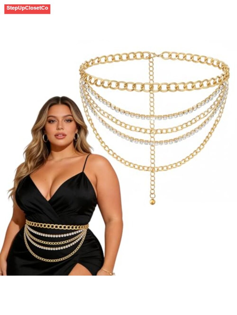 Plus Size Gold Metal Chain Belt for Dresses, Multi Layer Waist Chain